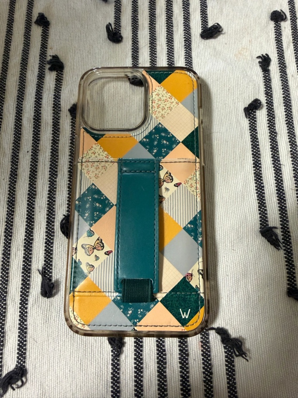 Patchwork Teal & Mustard Phone Case with Kick Strap - W